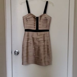 Tan and black midi dress